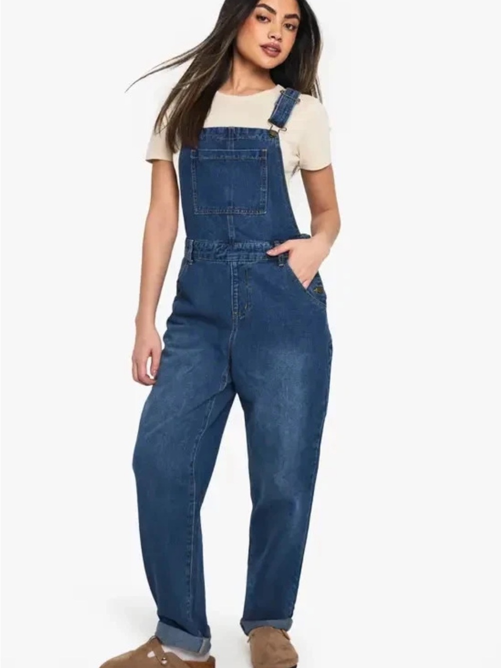 Boohoo Blue Plus Denim Boyfriend Dungarees Mid Blue Womens Size 22 Overalls